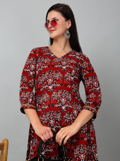 Women's Casual V neck Maroon All over Printed Knee length Kurti