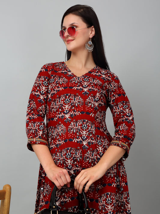 Women's Casual V Neck Maroon All Over Printed Knee Length Kurti
