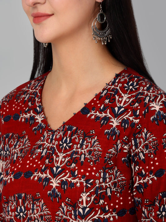 Women's Casual V Neck Maroon All Over Printed Knee Length Kurti