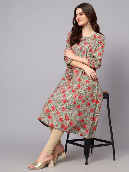 Women's Green Floral Printed 3/4th Sleeves Kurti