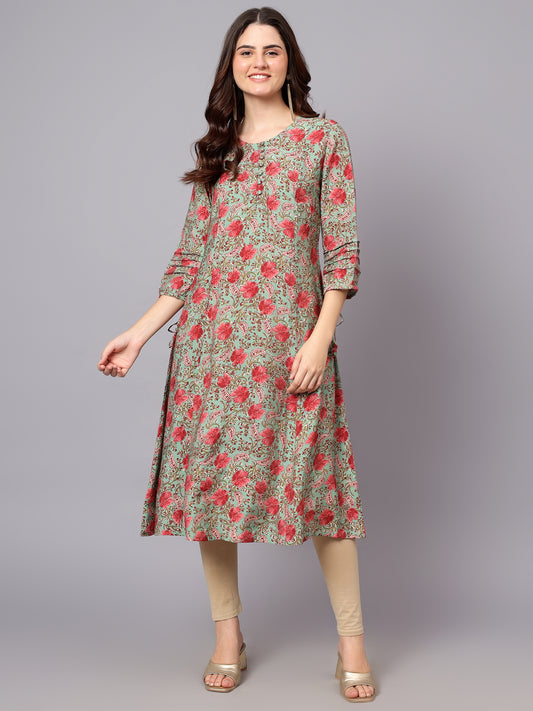 Women's Green Floral Printed 3/4th Sleeves Kurti