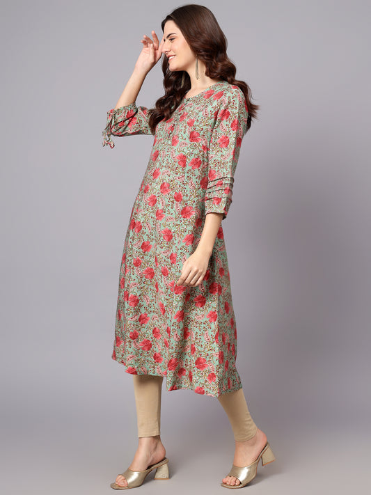 Women's Green Floral Printed 3/4th Sleeves Kurti