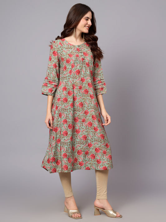 Women's Green Floral Printed 3/4th Sleeves Kurti