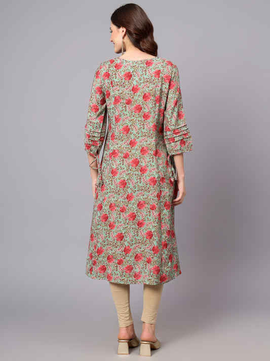 Women's Green Floral Printed 3/4th Sleeves Kurti