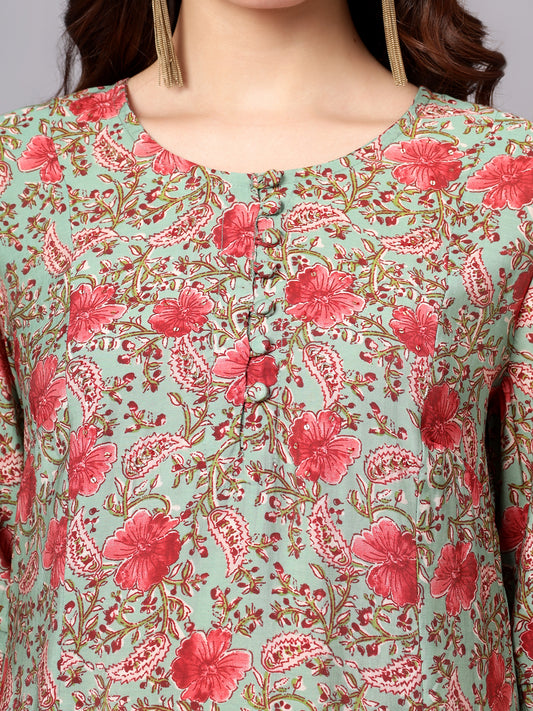 Women's Green Floral Printed 3/4th Sleeves Kurti