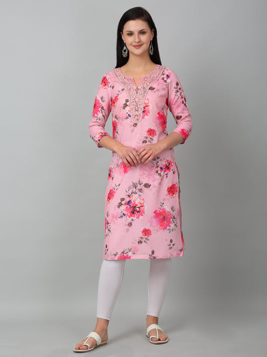 Women Pink Printed V Neck Long Kurti