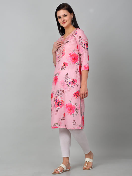 Women Pink Printed V Neck Long Kurti