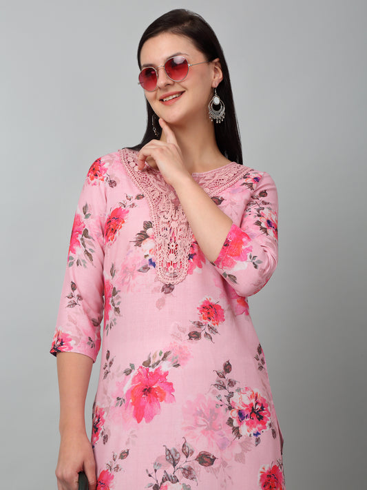 Women Pink Printed V Neck Long Kurti