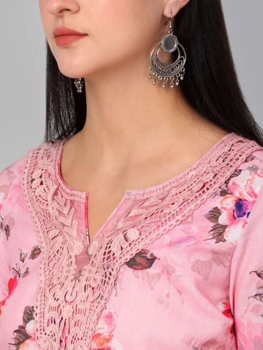 Women Pink Printed V Neck Long Kurti