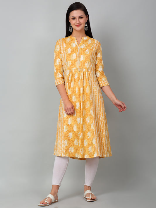 Women's Casual Band Collar Light Mustard All over Printed Calf Length Kurti