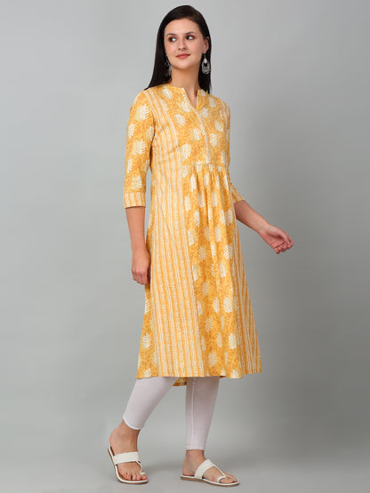 Women's Casual Band Collar Light Mustard All over Printed Calf length Kurti