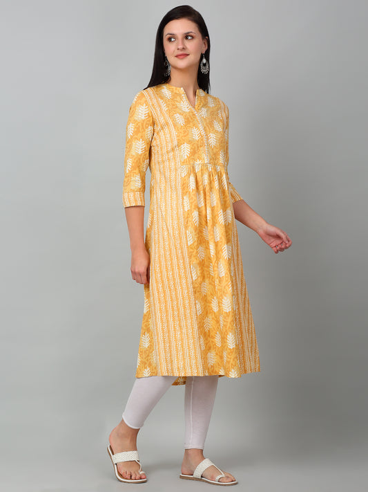 Women's Casual Band Collar Light Mustard All over Printed Calf Length Kurti