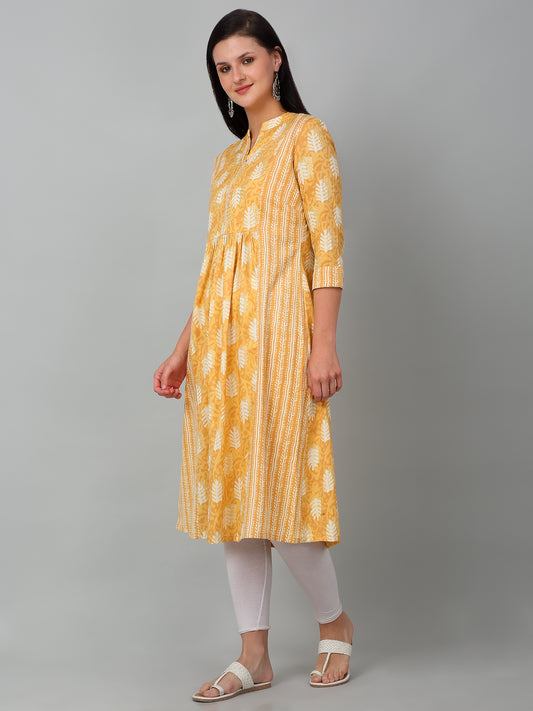 Women's Casual Band Collar Light Mustard All over Printed Calf Length Kurti
