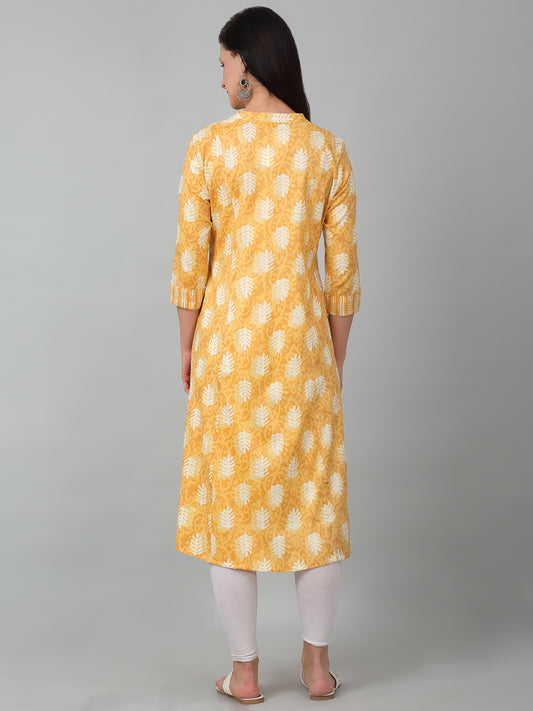 Women's Casual Band Collar Light Mustard All over Printed Calf Length Kurti