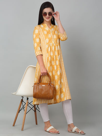 Women's Casual Band Collar Light Mustard All over Printed Calf length Kurti