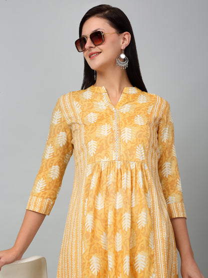 Women's Casual Band Collar Light Mustard All over Printed Calf length Kurti