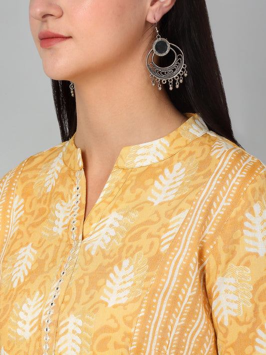 Women's Casual Band Collar Light Mustard All over Printed Calf Length Kurti