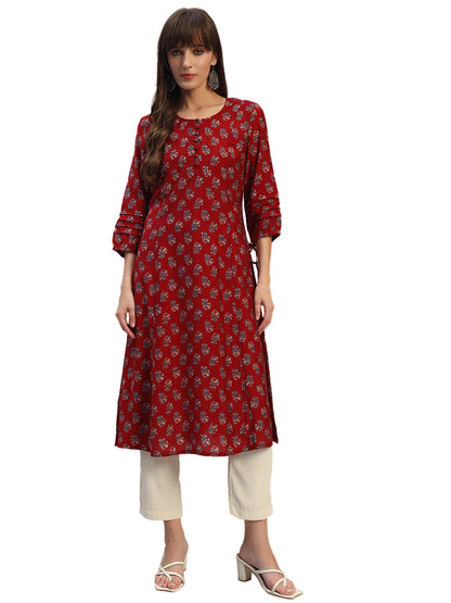 Women's Printed Rust Round Neck 3/4th Sleeves Casual Kurti