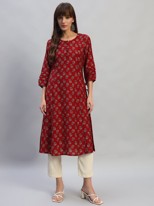 Women's Printed Rust Round Neck 3/4th Sleeves Casual Kurti