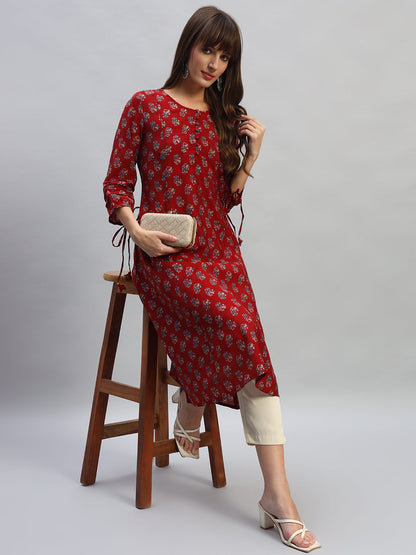 Women's Printed Rust Round Neck 3/4th Sleeves Casual Kurti