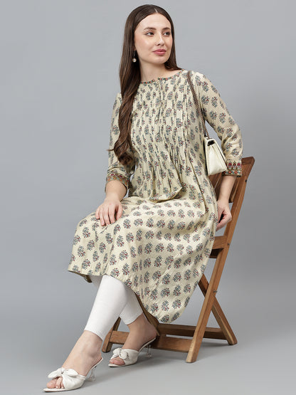 Women's Ecru Printed Round Neck Long Kurti