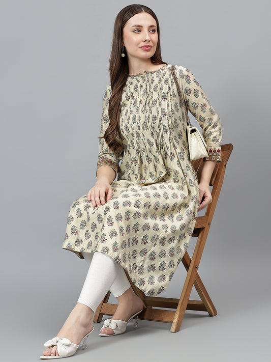 Women's Ecru Printed Round Neck Long Kurti