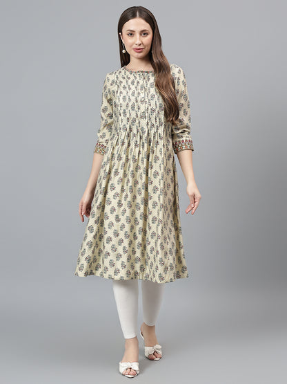 Women's Ecru Printed Round Neck Long Kurti