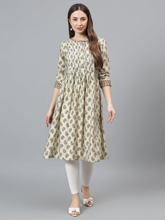 Women's Ecru Printed Round Neck Long Kurti