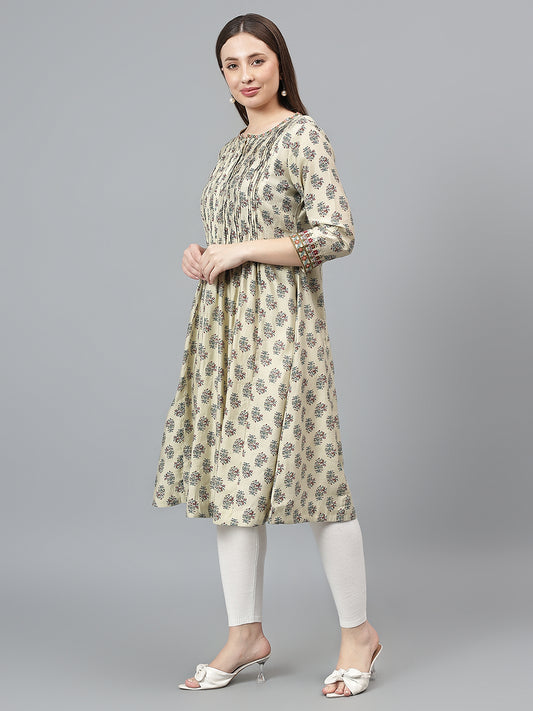 Women's Ecru Printed Round Neck Long Kurti