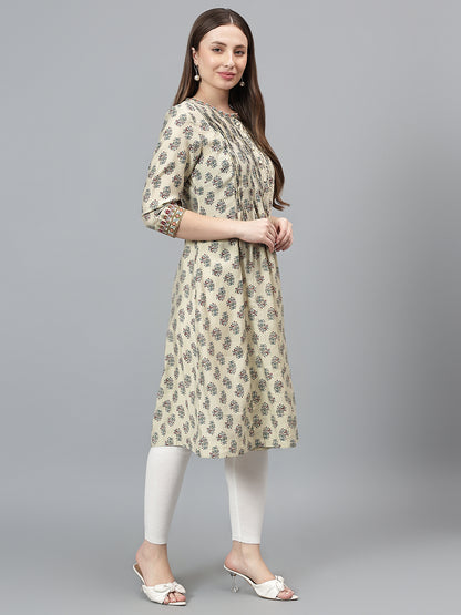 Women's Ecru Printed Round Neck Long Kurti