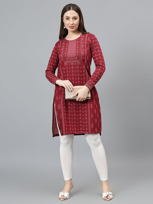 Women's Maroon Printed Round Neck Kurti