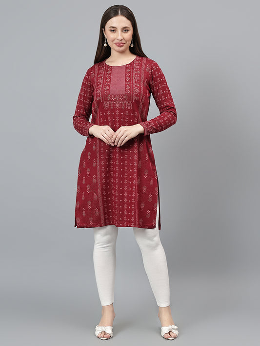 Women's Maroon Printed Round Neck Kurti