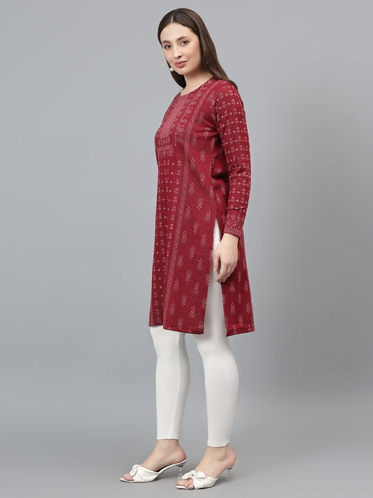 Women's Maroon Printed Round Neck Kurti