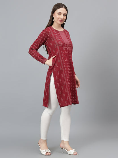 Women's Maroon Printed Round Neck Kurti