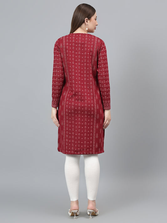 Women's Maroon Printed Round Neck Kurti