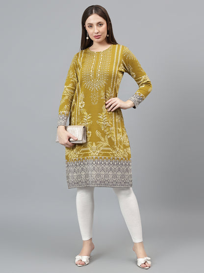 Women's Mustard Self Design Round Neck Kurti