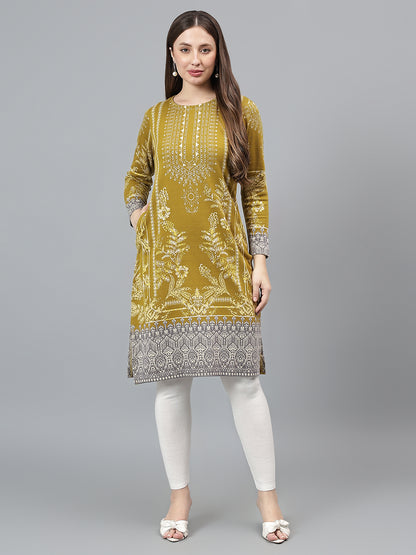 Women's Mustard Self Design Round Neck Kurti