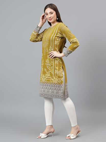 Women's Mustard Self Design Round Neck Kurti