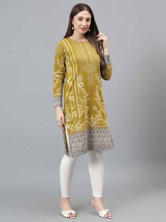 Women's Mustard Self Design Round Neck Kurti