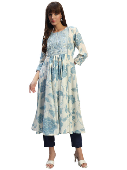 Women's Printed Blue Round Neck 3/4th Sleeves Casual Kurti