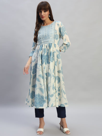 Women's Printed Blue Round Neck 3/4th Sleeves Casual Kurti