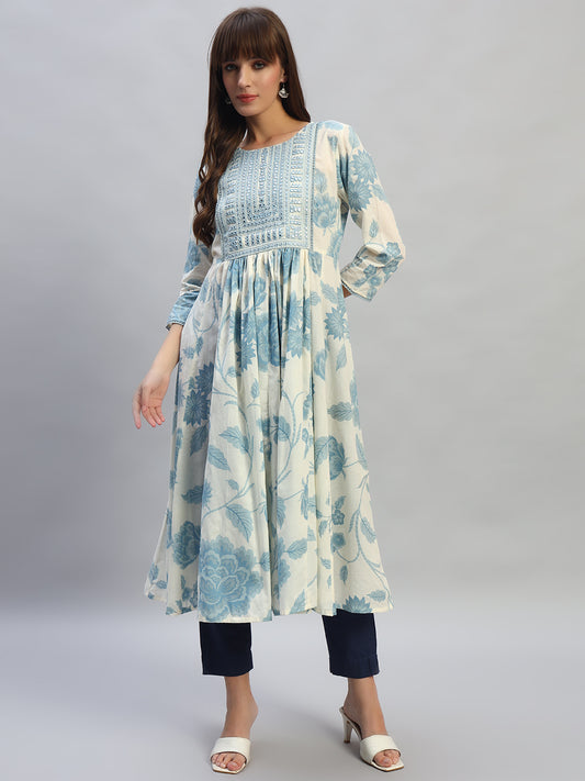 Women's Printed Blue Round Neck 3/4th Sleeves Casual Kurti