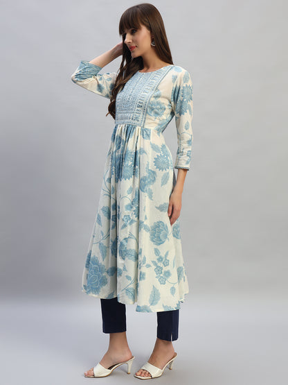 Women's Printed Blue Round Neck 3/4th Sleeves Casual Kurti