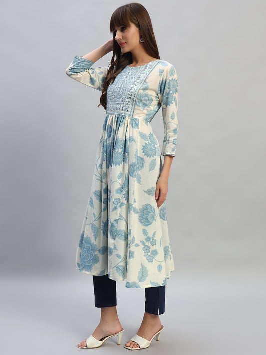 Women's Printed Blue Round Neck 3/4th Sleeves Casual Kurti