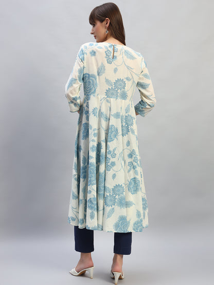 Women's Printed Blue Round Neck 3/4th Sleeves Casual Kurti