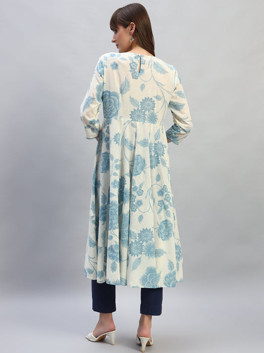 Women's Printed Blue Round Neck 3/4th Sleeves Casual Kurti