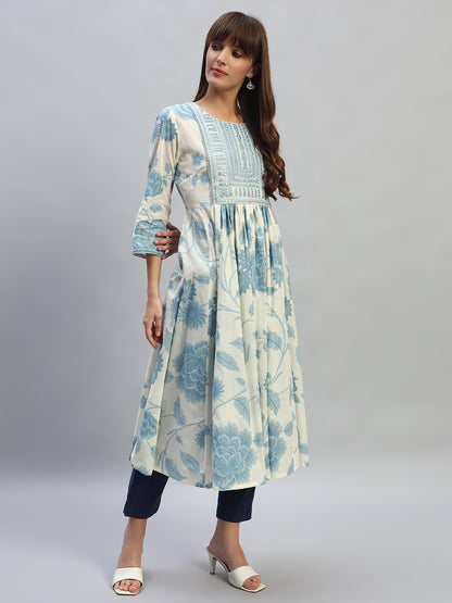 Women's Printed Blue Round Neck 3/4th Sleeves Casual Kurti