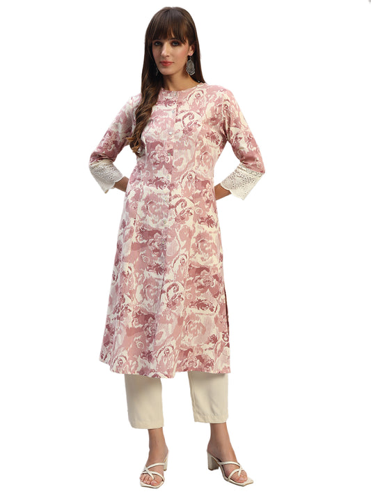 Women's Printed Pink Round Neck 3/4th Sleeves Casual Kurti