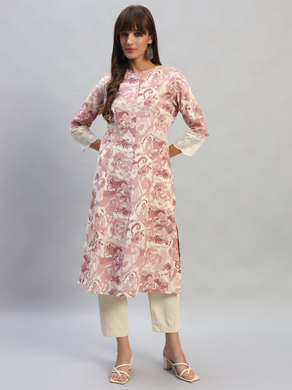 Women's Printed Pink Round Neck 3/4th Sleeves Casual Kurti