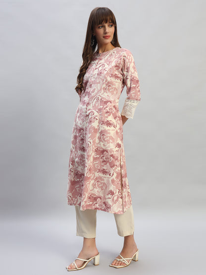 Women's Printed Pink Round Neck 3/4th Sleeves Casual Kurti